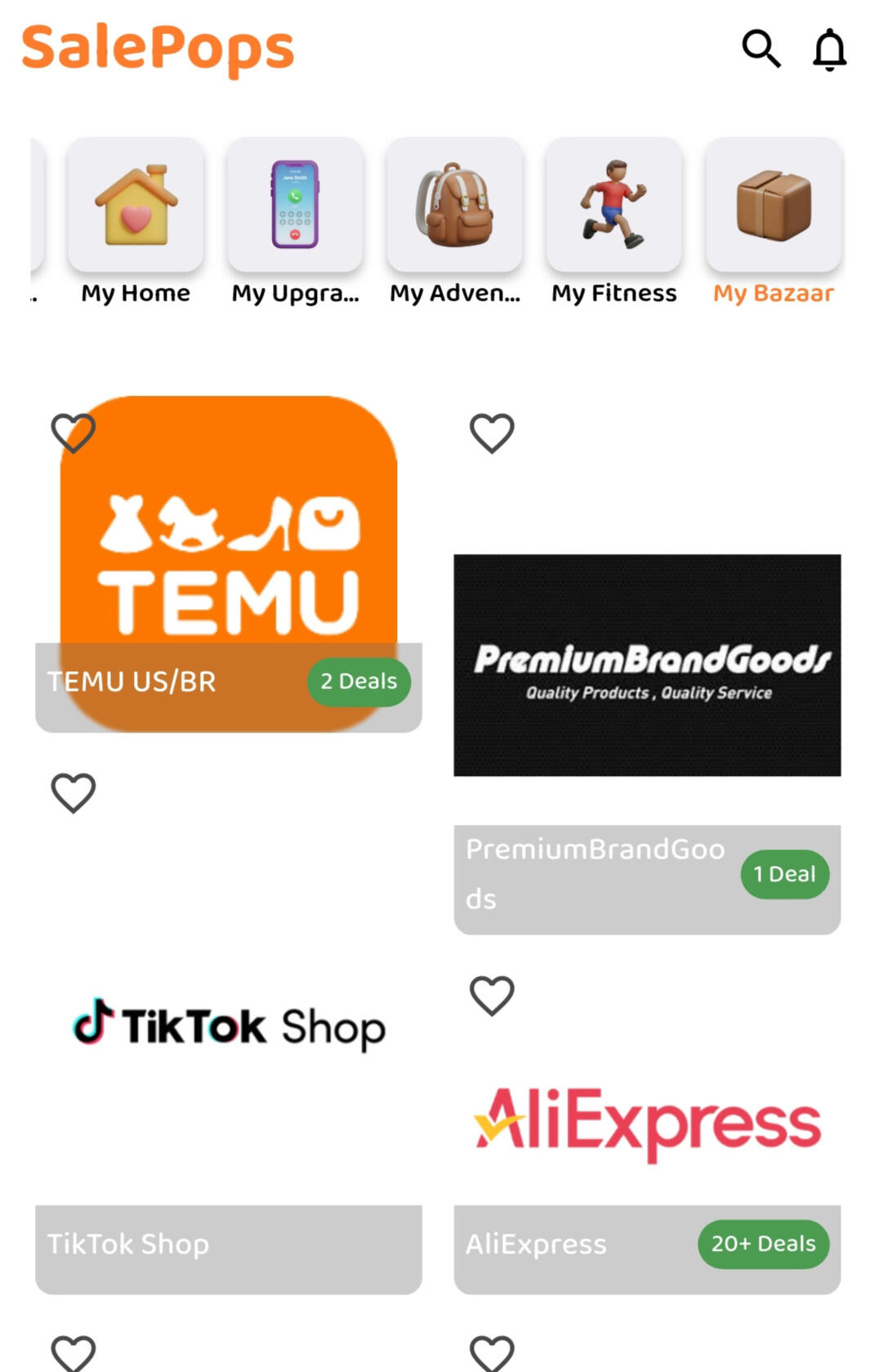 SalePops app screenshot showing the My Bazaar browse screen with deal cards SalePops app screenshot showing the My Bazaar browse screen with deal cards