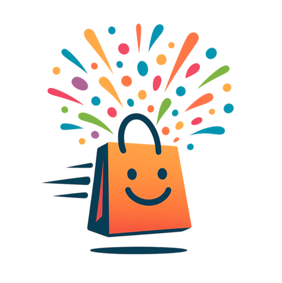 SalePops logo: a smiling orange shopping bag surrounded by colorful confetti