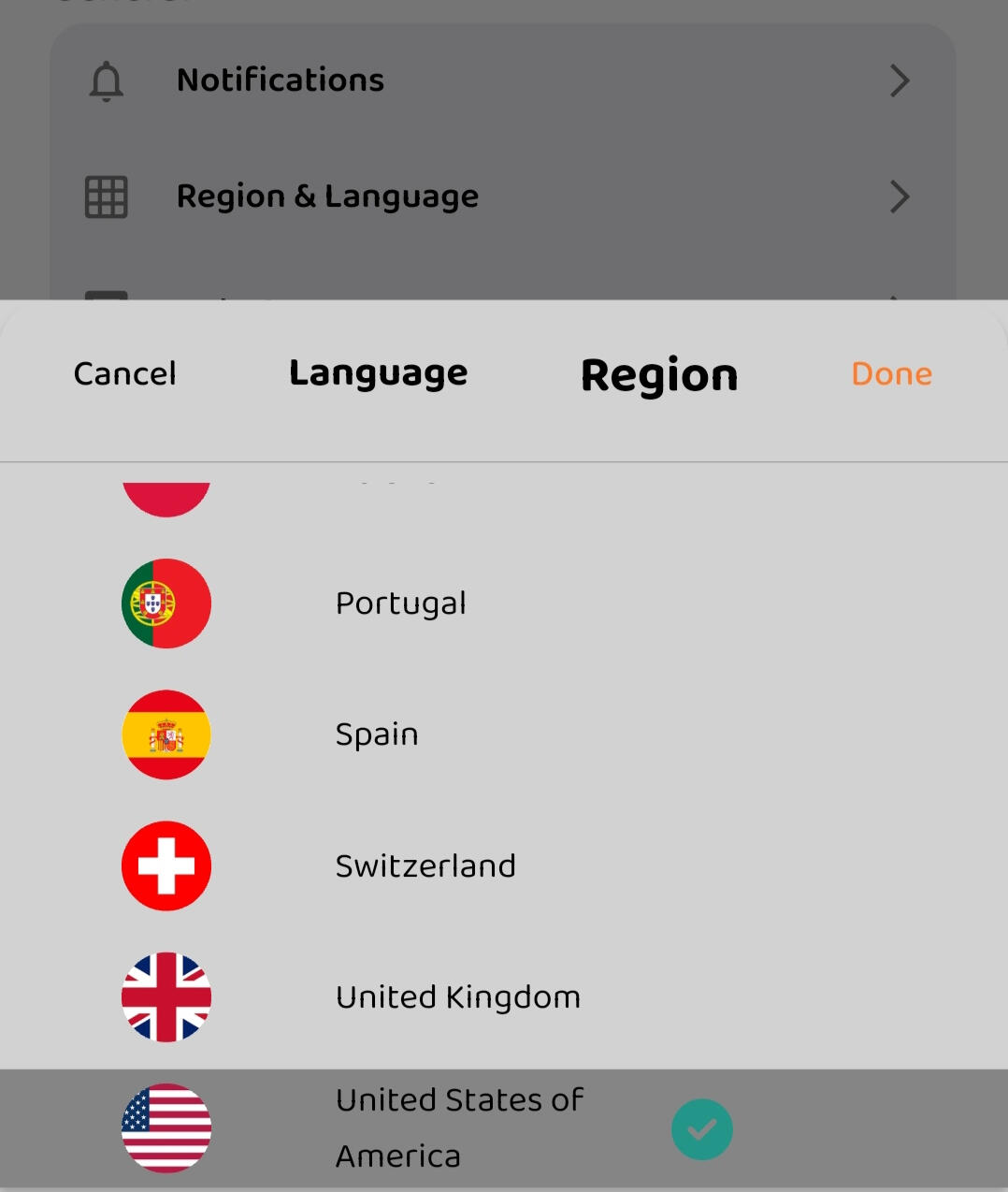 SalePops app screenshot showing the region selection screen with country flags